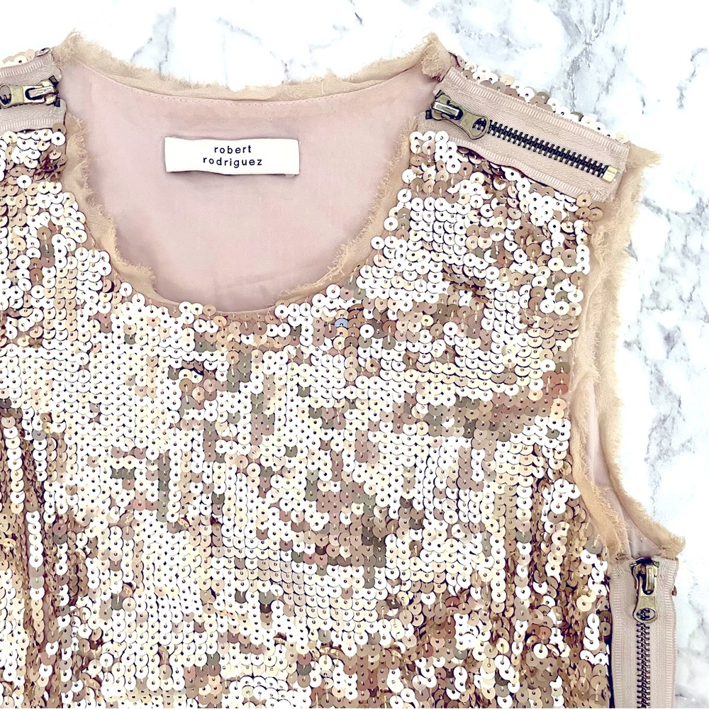 ROBERT RODRIGUEZ • GOLD SEQUIN COCKTAIL DRESS (TAN/NUDE) W/ DUAL SIDE ZIPPERS